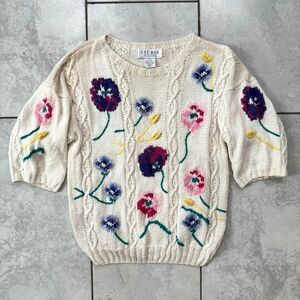 VINTAGE 80s Michelle Stuart Studio Size L HandKnit Sweater Floral Cottage Core